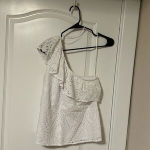 One shoulder white eyelet top